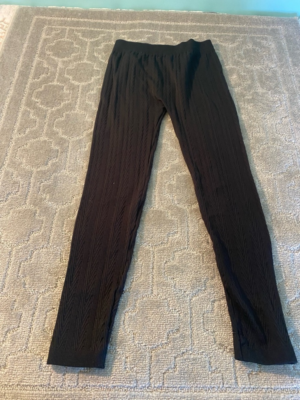 Black Textured Pull On Pants L XL Stretch Knit Straight Leg Career Casual Travel